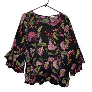 Spence top shirt blouse women's large pink green floral flowers on black flowey